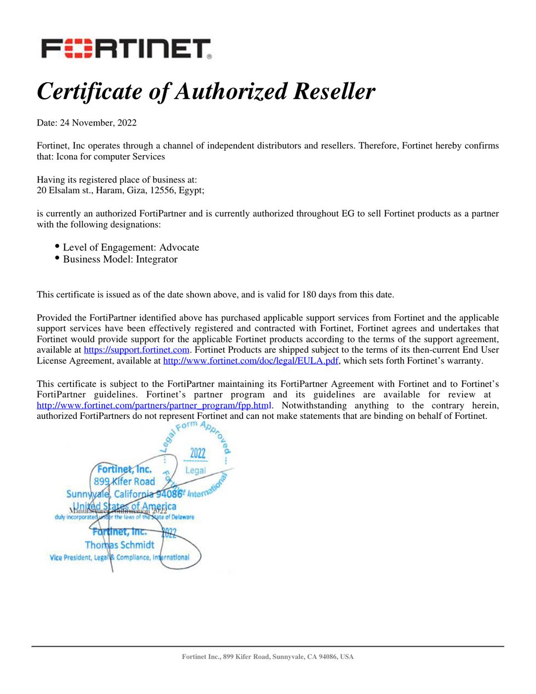 Fortinet Authorized Reseller Certificate